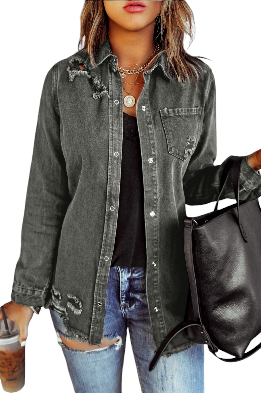 Distressed Raw Hem Snap Down Denim Jacket