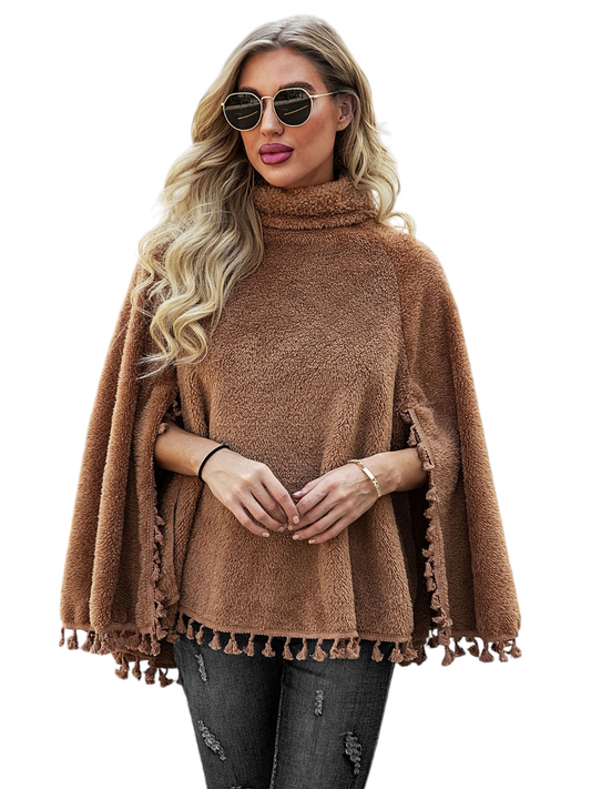 Full Size Turtleneck Tassel Hem Poncho