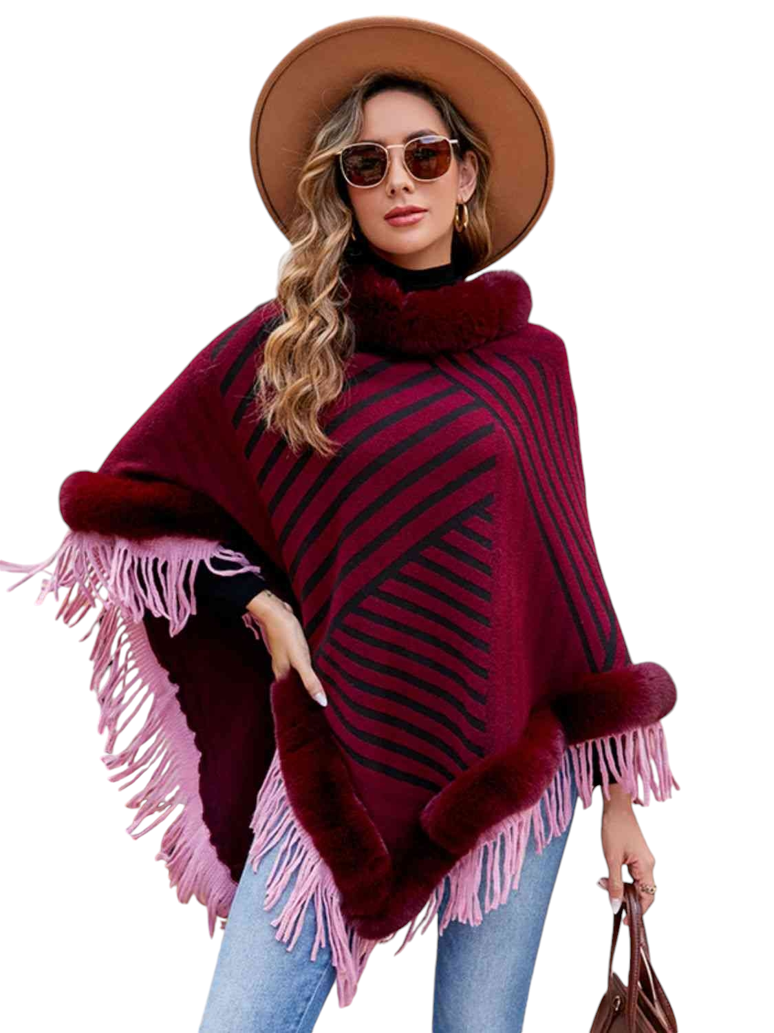 Striped Fringe Hem Poncho