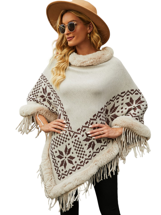 Fringe Geometric Cape Sleeve Poncho