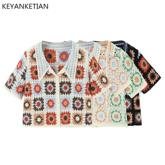 KEYANKETIAN Summer New Small Lapel Floral Crochet Single Breasted Short Style Knitted Vest Boho Style Short Sleeve Cardigan Top