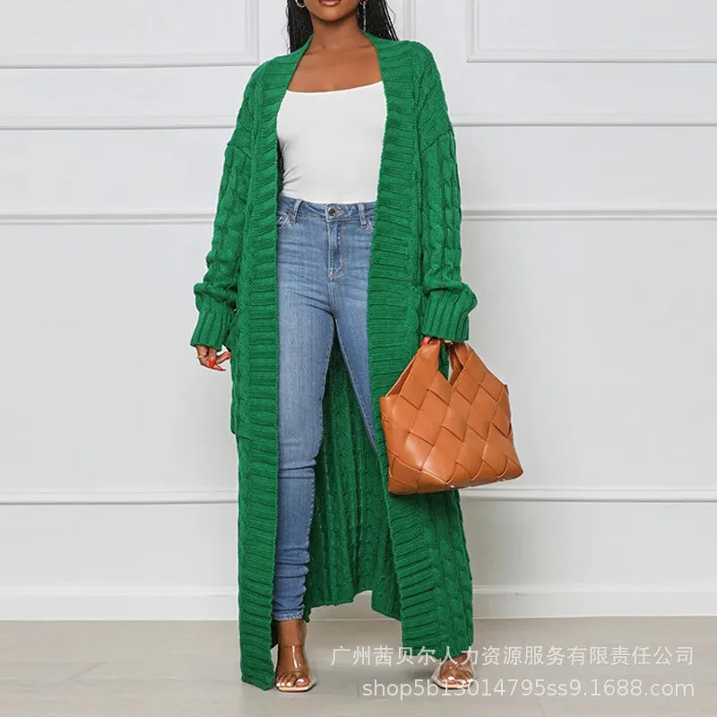 Open Front Cable Knit Longline Cardigan Women Long Sleeve Loose Fashion Casual Open Cardigan Knitwear Solid Color