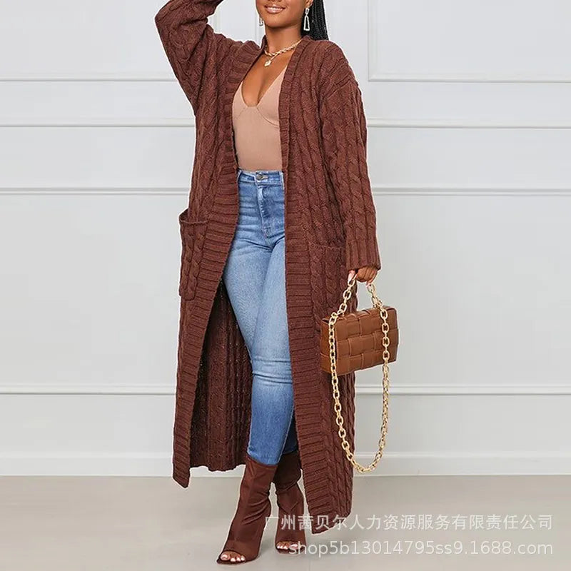 Open Front Cable Knit Longline Cardigan Women Long Sleeve Loose Fashion Casual Open Cardigan Knitwear Solid Color