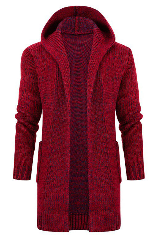 Men's Mid Length Hooded Knit Cardigan Horn Buckle Hooded Long Sweater