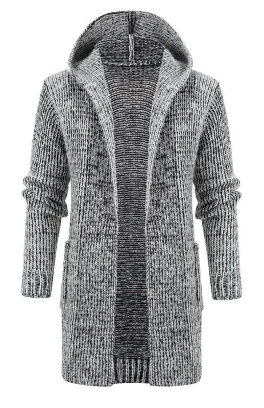 Men's Mid Length Hooded Knit Cardigan Horn Buckle Hooded Long Sweater
