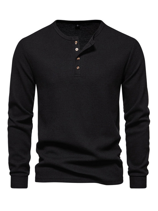 Men's Four Button Waffle Henley Neck Long Sleeve T-Shirt