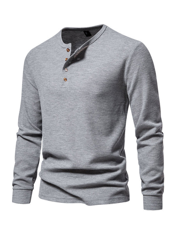 Men's Four Button Waffle Henley Neck Long Sleeve T-Shirt