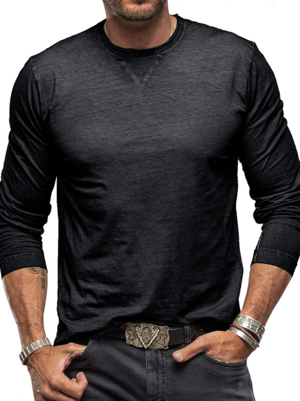 Men's new solid color round neck long sleeve cotton t-shirt