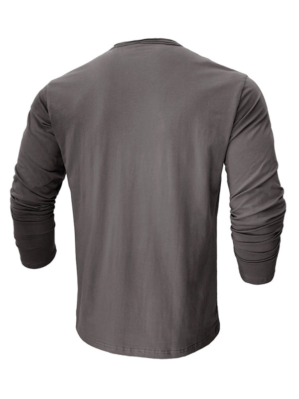 Men's new solid color round neck long sleeve cotton t-shirt