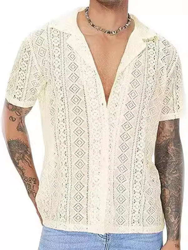 Trendy Lace Floral Button See-Through Short Sleeve Shirt