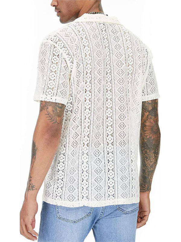 Trendy Lace Floral Button See-Through Short Sleeve Shirt