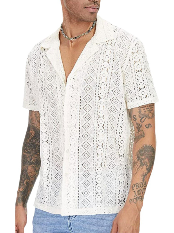 Trendy Lace Floral Button See-Through Short Sleeve Shirt