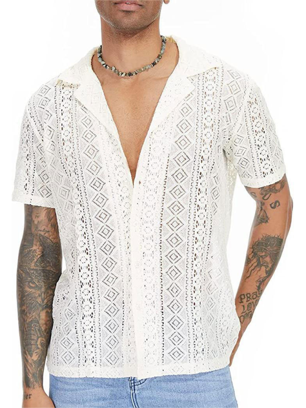 Trendy Lace Floral Button See-Through Short Sleeve Shirt