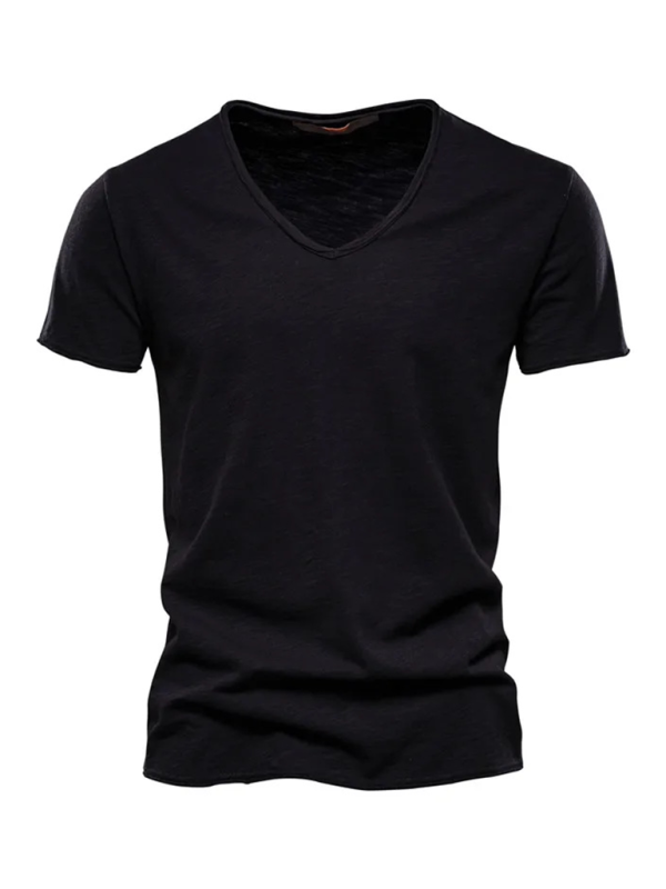 Men's New Solid Color Slub Cotton V-Neck Short Sleeve T-Shirt