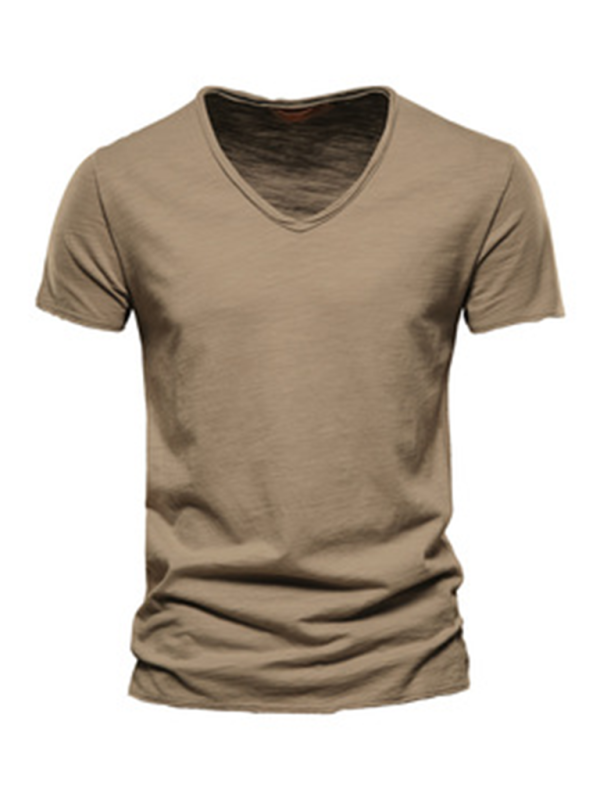 Men's New Solid Color Slub Cotton V-Neck Short Sleeve T-Shirt