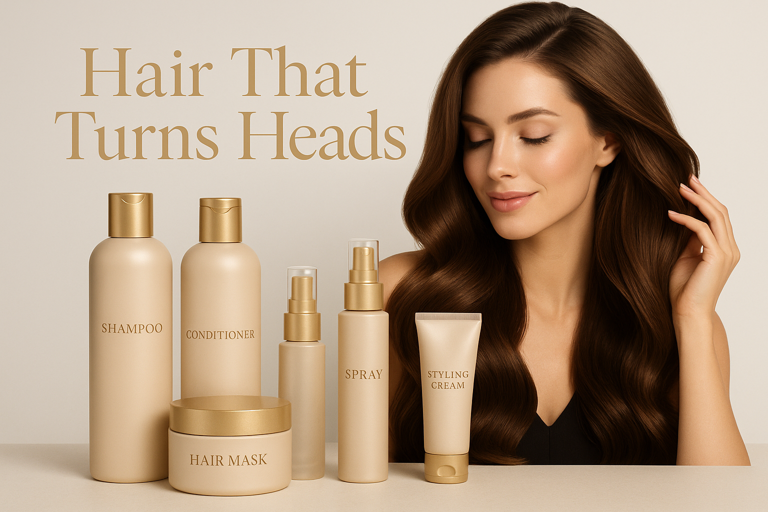 Luxury hair care products with woman with beautiful hair