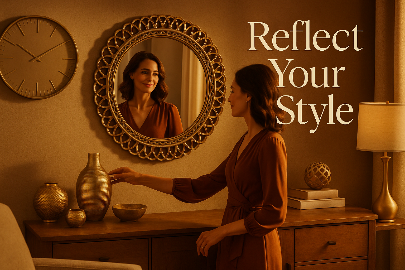 Woman admiring herself in decorative mirror with text "Reflect Your Style"