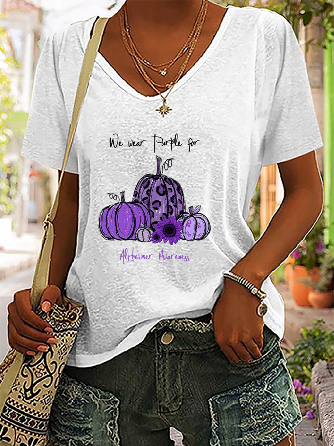 Full Size Pumpkin Graphic V-Neck T-Shirt