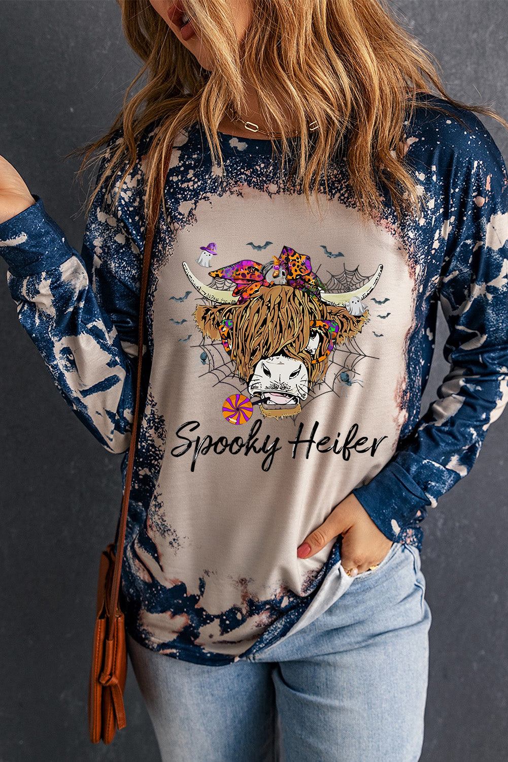 Spooky Heifer Graphic Tee - Round Neck, Long Sleeve Print
