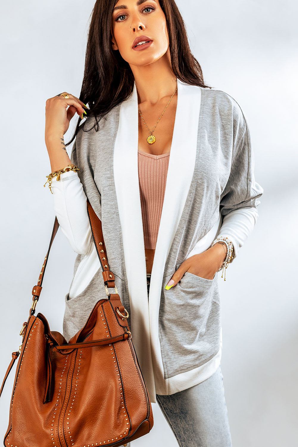 Trendsi Cupid Beauty Supplies Woman Cardigan Contrast Open Front Cardigan with Pockets