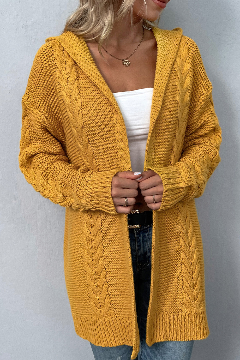 Trendsi Cupid Beauty Supplies Honey / S Woman Cardigan Cable-Knit Dropped Shoulder Hooded Cardigan