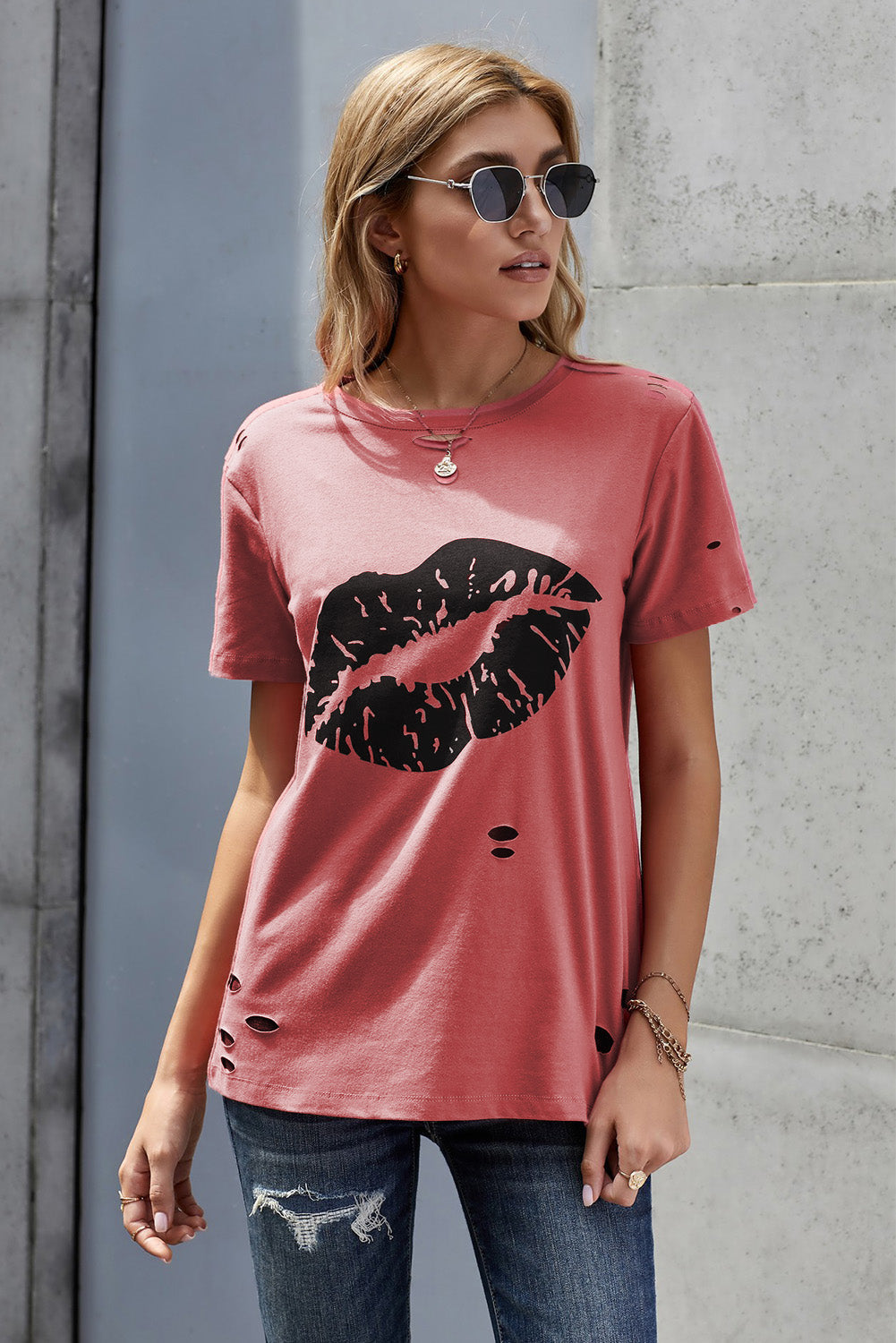 Trendsi Cupid Beauty Supplies Red / S Woman's T-Shirts Leopard Lip Distressed T-Shirt