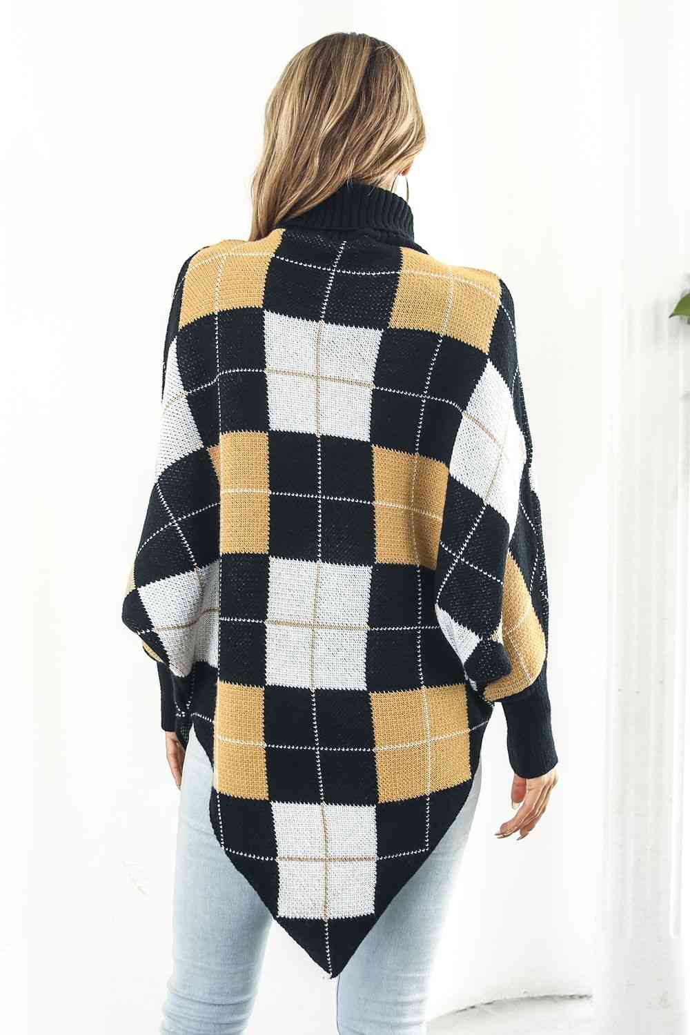 Plaid Turtleneck Dolman Sleeve Poncho - Stylish Winter Fashion