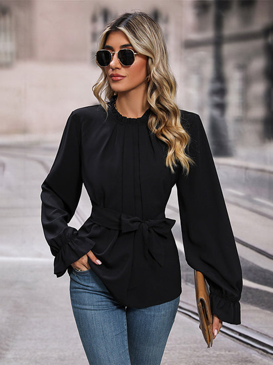 Trendsi Cupid Beauty Supplies Black / S Woman Blouse Round Neck Tie Waist Long Sleeve Blouse