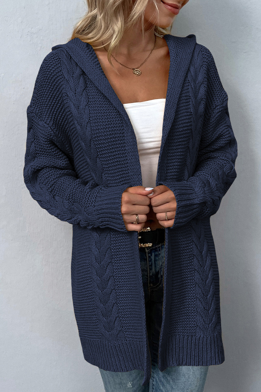 Trendsi Cupid Beauty Supplies Navy / S Woman Cardigan Cable-Knit Dropped Shoulder Hooded Cardigan