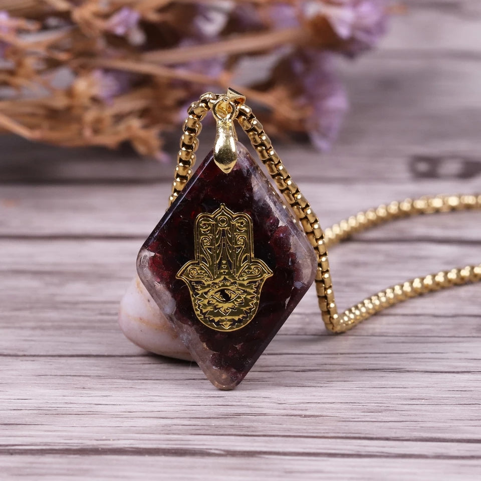 Cupid Beauty Supplies Cupid Beauty Supplies Unisex Necklace Natural Garnet Orgonite Pendant Hand Of Fatifa Energy Necklace