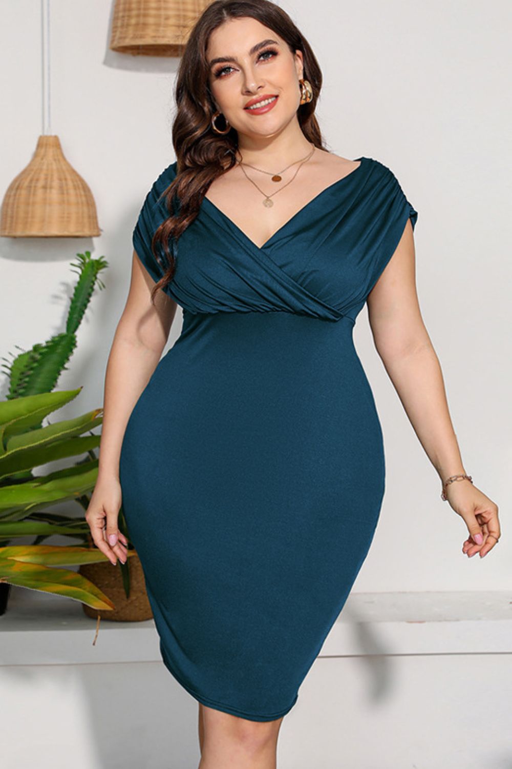 Trendsi Cupid Beauty Supplies Peacock Blue / L Woman Cocktail Dresses Plus Size Ruched V-Neck Dress