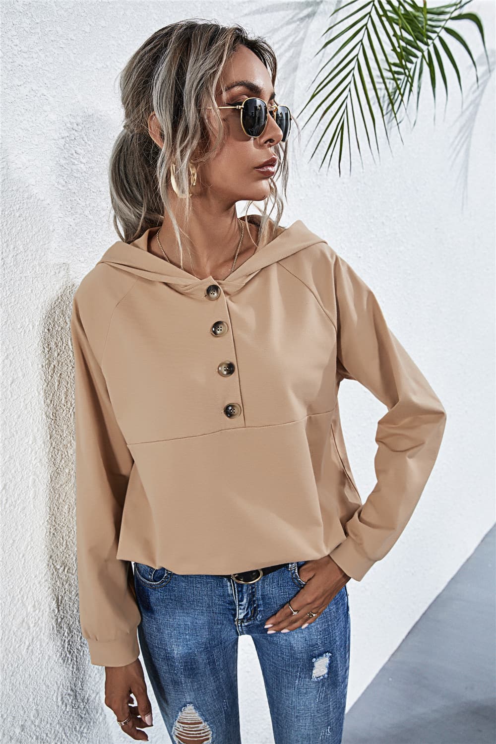 Trendsi Cupid Beauty Supplies Blouses Buttoned Raglan Sleeve Hooded Blouse