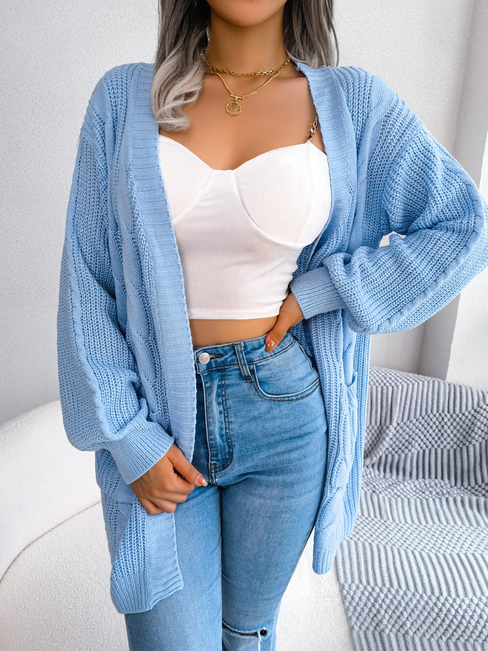Trendsi Cupid Beauty Supplies Sky Blue / S Woman Cardigan Cable-Knit Open Front Pocketed Cardigan