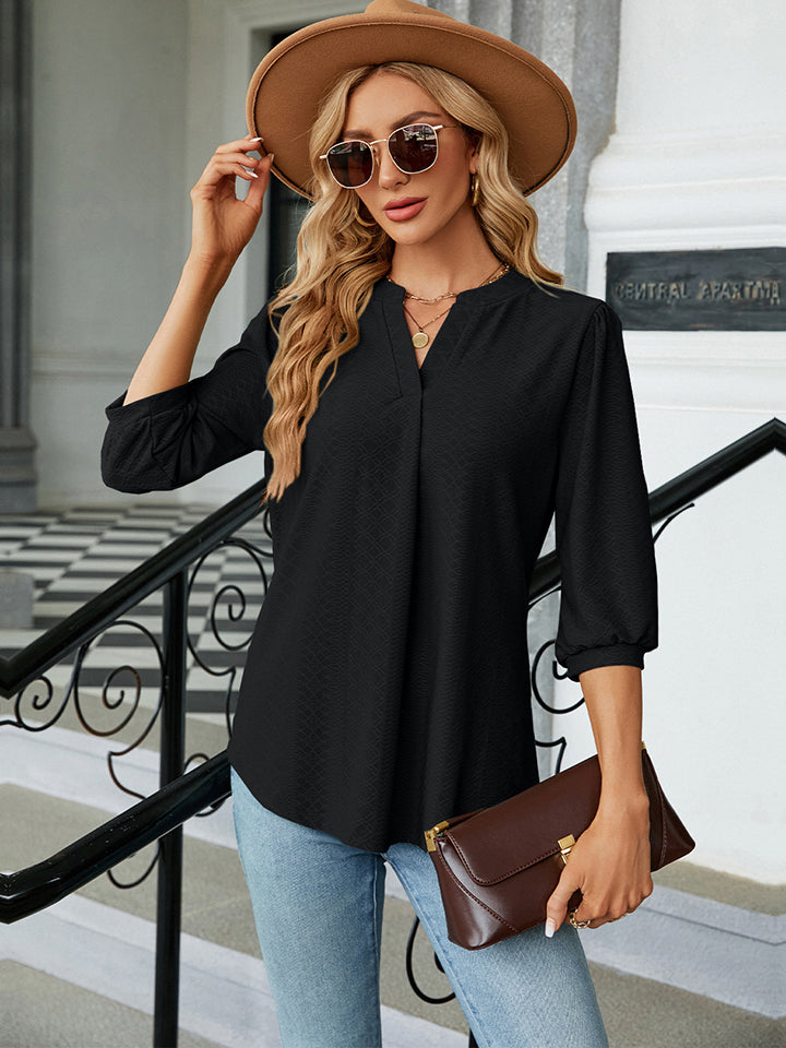 Trendsi Cupid Beauty Supplies Black / S Blouses Notched Neck Three-Quarter Sleeve Blouse