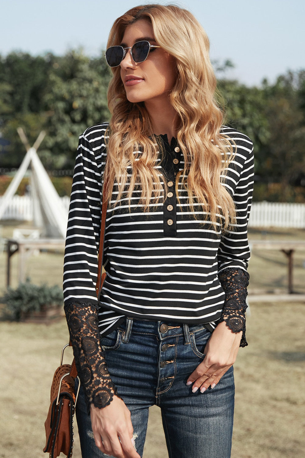 Trendsi Cupid Beauty Supplies Black / S Blouses Striped Button-Up Lace Detail Long Sleeve Blouse