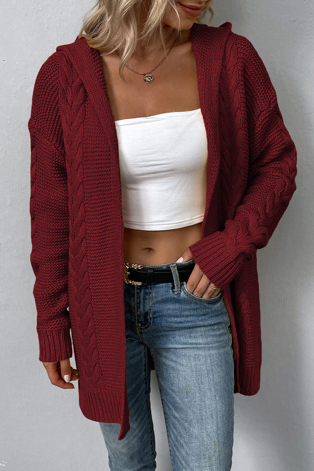 Trendsi Cupid Beauty Supplies Woman Cardigan Cable-Knit Dropped Shoulder Hooded Cardigan