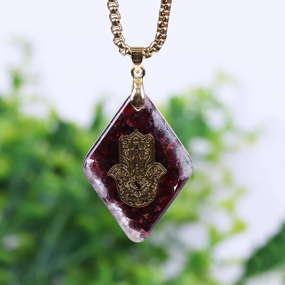Cupid Beauty Supplies Cupid Beauty Supplies Unisex Necklace Natural Garnet Orgonite Pendant Hand Of Fatifa Energy Necklace