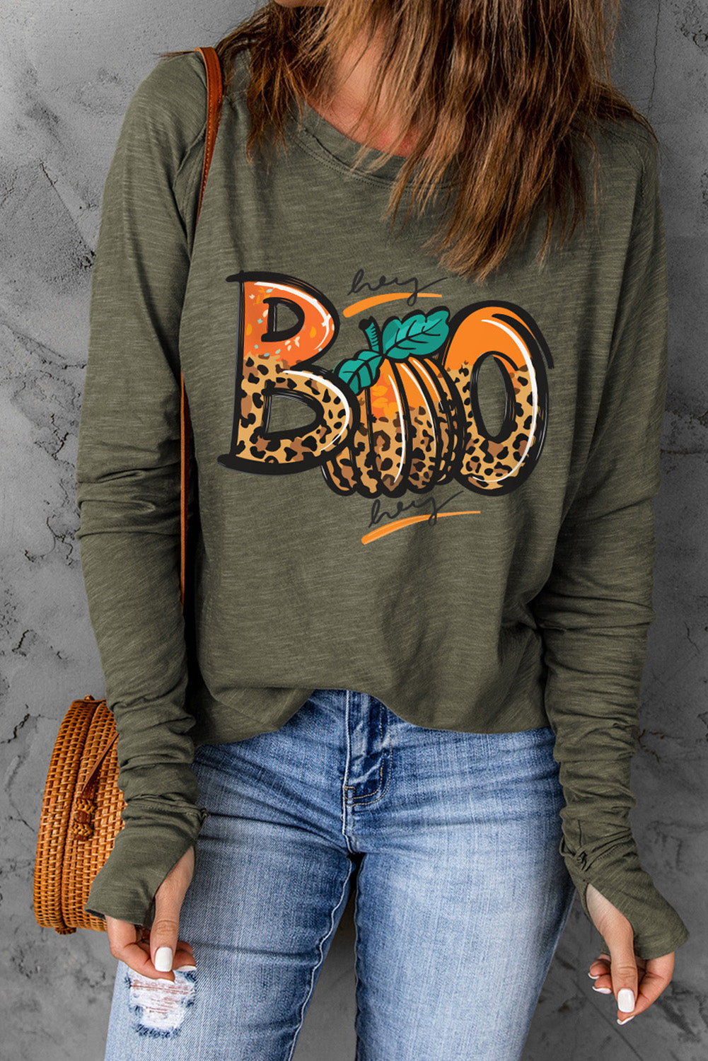 Haunted 'Boo' Halloween Graphic Thumbhole Sleeve T-Shirt"