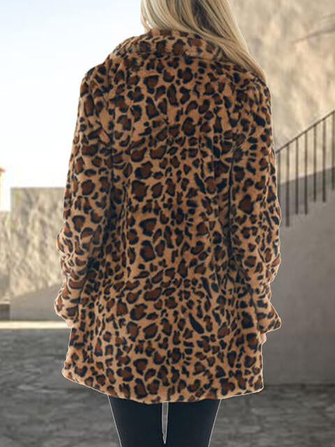 Leopard Collar Coat - Pockets, Stylish Print