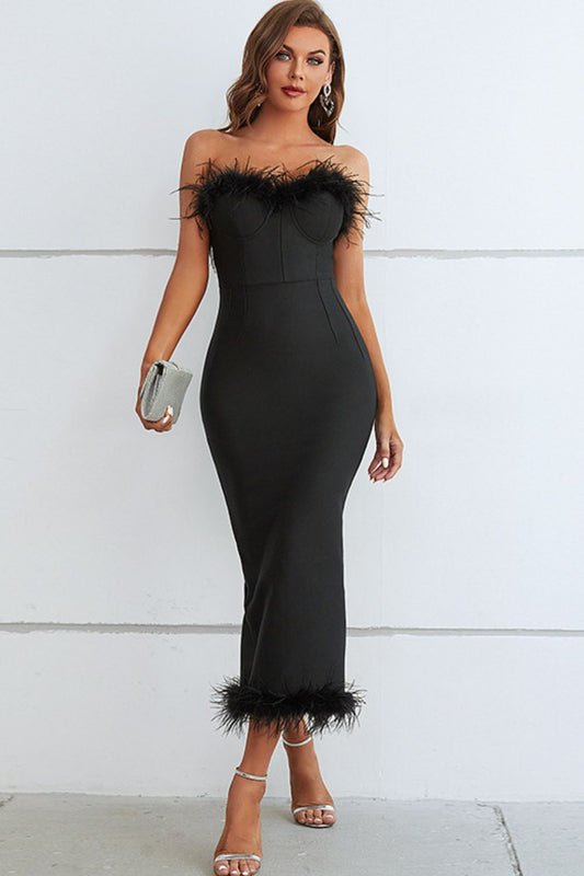 Trendsi Cupid Beauty Supplies Black / S Woman Cocktail Dresses Feather Trim Strapless Sweetheart Neck Dress