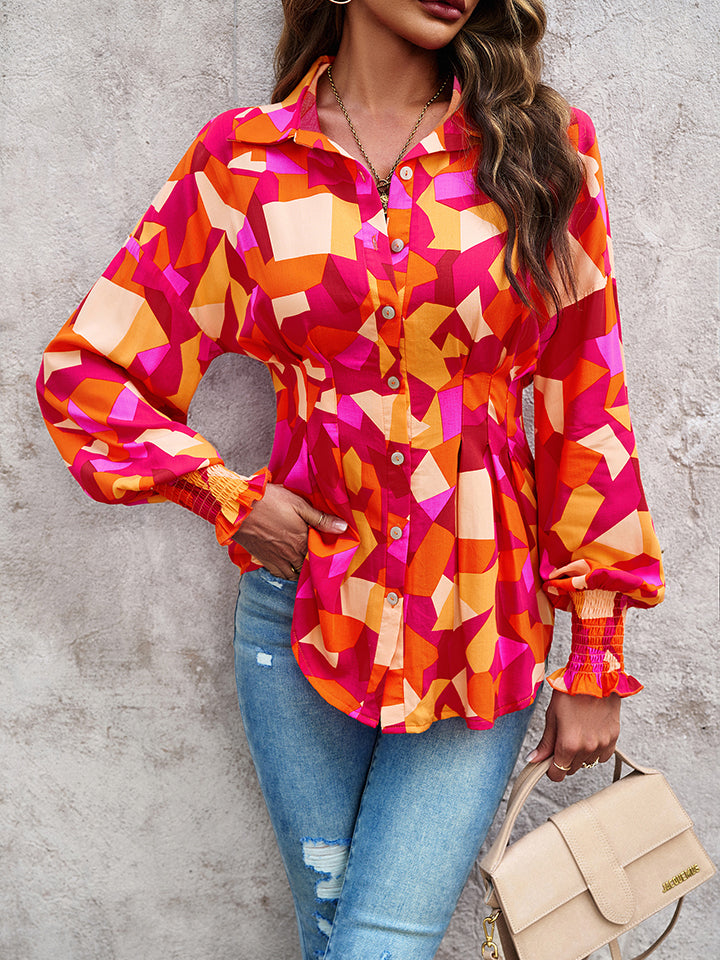 Trendsi Cupid Beauty Supplies Orange / S Blouses Printed Button-Up Lantern Sleeve Shirt