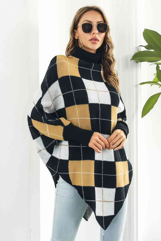 Plaid Turtleneck Dolman Sleeve Poncho - Stylish Winter Fashion