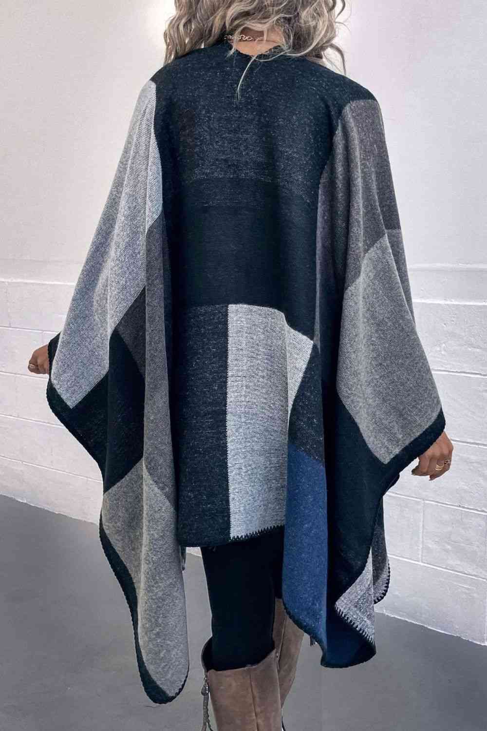 Open Front Color Block Poncho