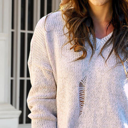 Distressed Dropped Shoulder Long Sleeve Sweater