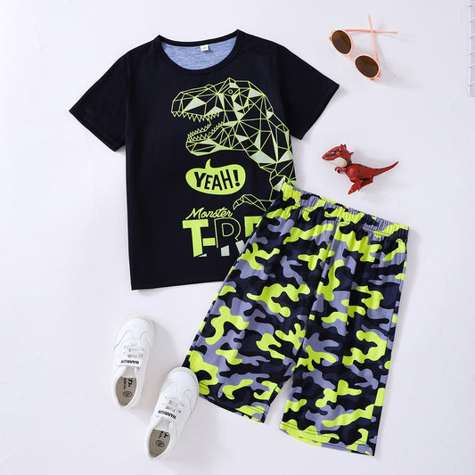 Boys Dinosaur Graphic Tee and Camouflage Shorts Set