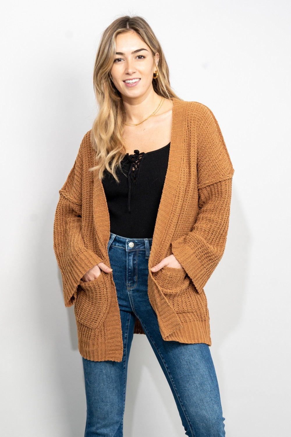 Trendsi Cupid Beauty Supplies Camel / S woman cardigan Very J Exposed Seam Flare Sleeve Open Front Cardigan in Camel