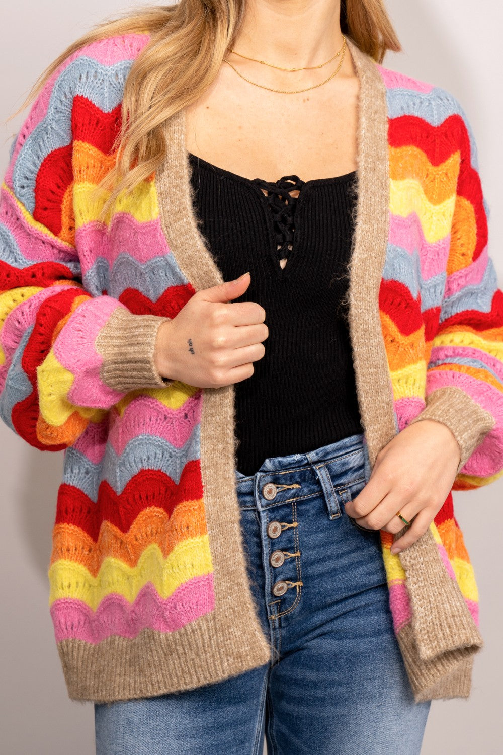 Trendsi Cupid Beauty Supplies Woman Cardigan ee:some Rainbow Stripe Dropped Shoulder Open Front Cardigan
