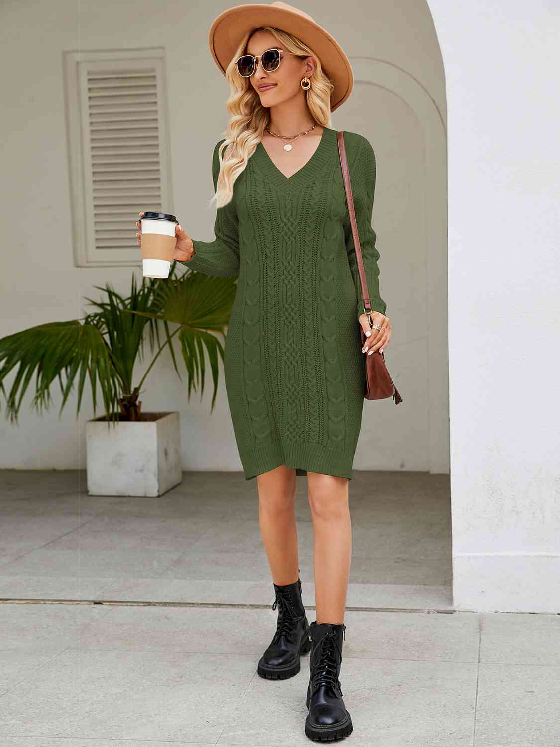 Cable-Knit V-Neck Mini Sweater Dress