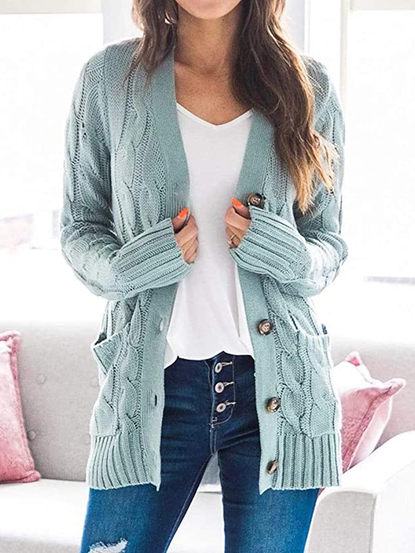 Trendsi Cupid Beauty Supplies Teal / S woman cardigan Cable-Knit Buttoned Cardigan with Pockets