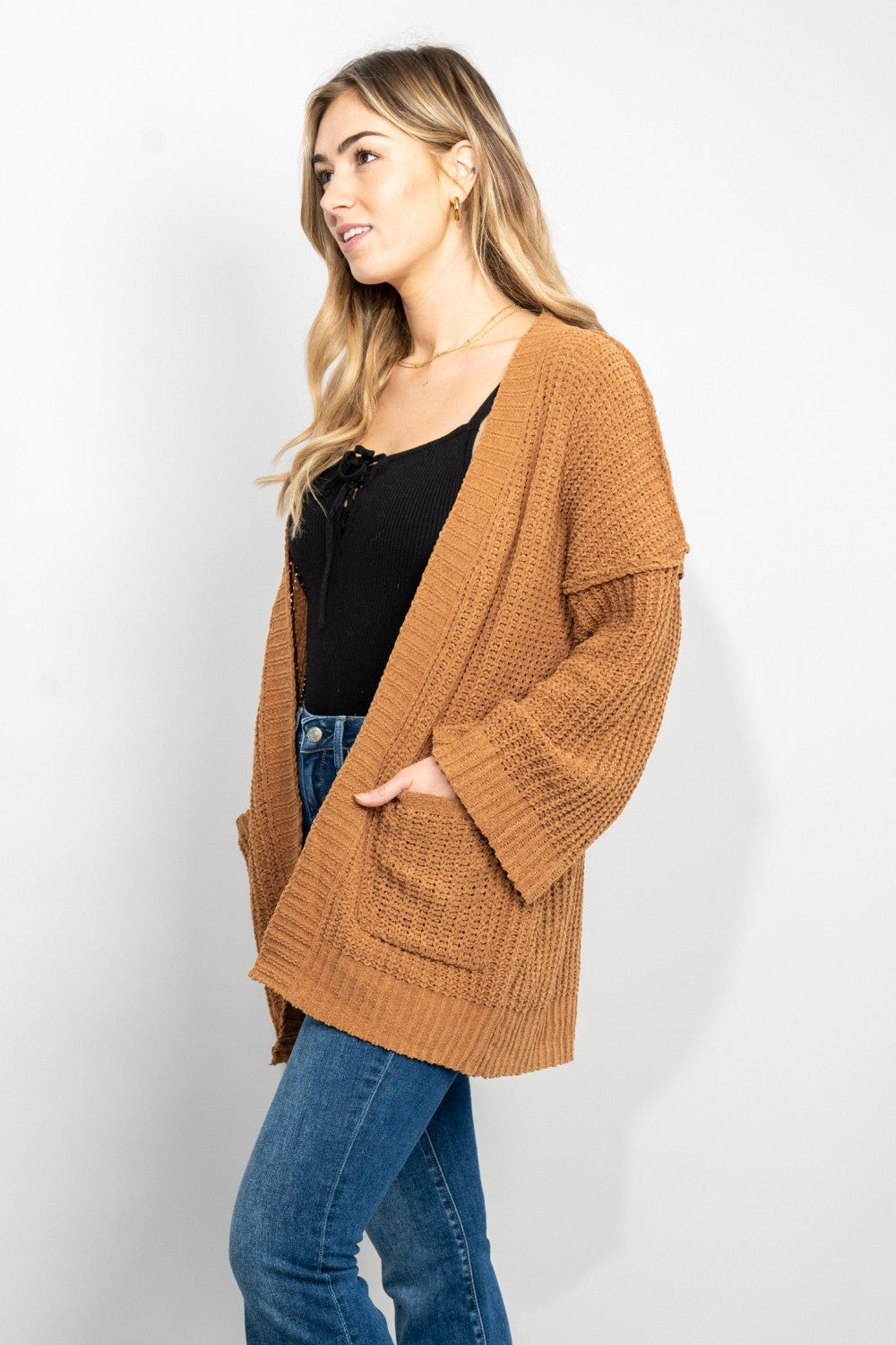 Trendsi Cupid Beauty Supplies woman cardigan Very J Exposed Seam Flare Sleeve Open Front Cardigan in Camel